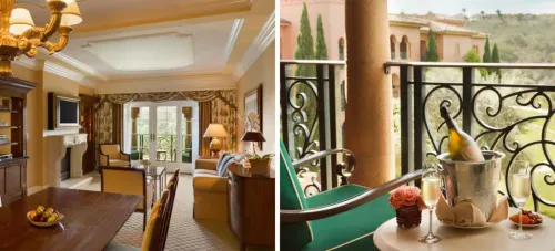 Aerial view of the Bahia Resort Hotel and surrounding water (left) and view from a room at the Bahia Resort Hotel overlooking the water (right)